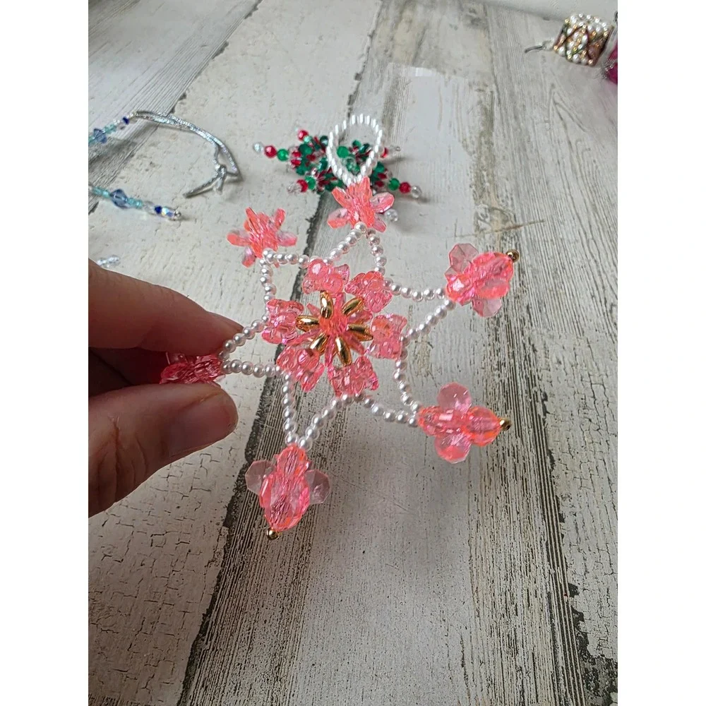 Vintage beaded star ornament pink blue Xmas tree pearls